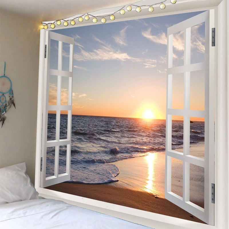 Homiest 3D Ocean Tapestry Wall Hanging Sun Sunset Sea Beach Landscape Tapestry Window Tapestries for Bedroom Living Room Home Decor 51x59 Inches - Image 1